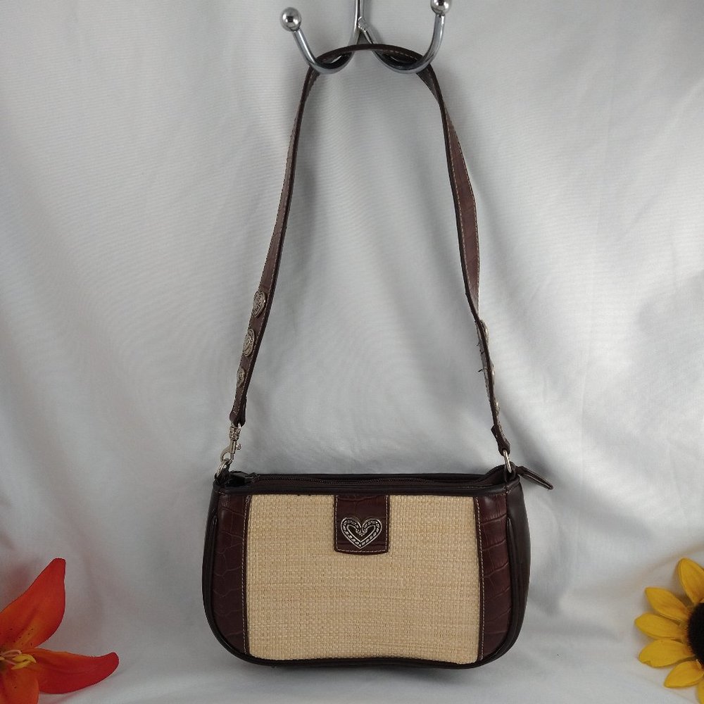 Womens Faux Leather Trim Straw Shoulder Bag Tan Brown